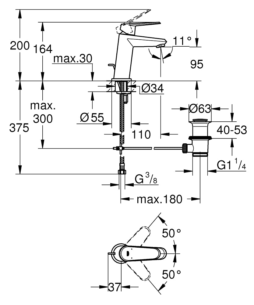Grohe Eurodisc Cosmopolitan Einhand-Waschtischbatterie 23049, S-Size, mit Zugstangen-Ablaufgarnitur (chrom)