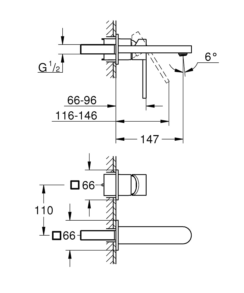 Grohe Plus 2-Loch-Waschtischbatterie 29303, Wandmontage, Fertigmontageset, Ausladung 147 mm (hard graphite gebürstet)