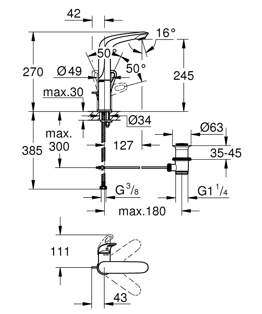 Grohe Eurostyle Einhand-Waschtischbatterie 23569, L-Size, offener Hebelgriff, mit Zugstangen-Ablaufgarnitur (chrom)