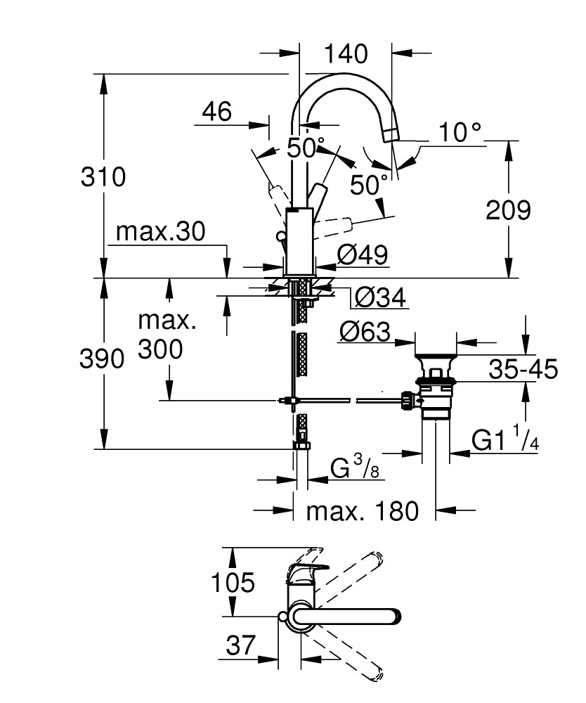Grohe BauFlow Einhand-Waschtischbatterie 23753, L-Size, mit Zugstangen-Ablaufgarnitur (chrom)