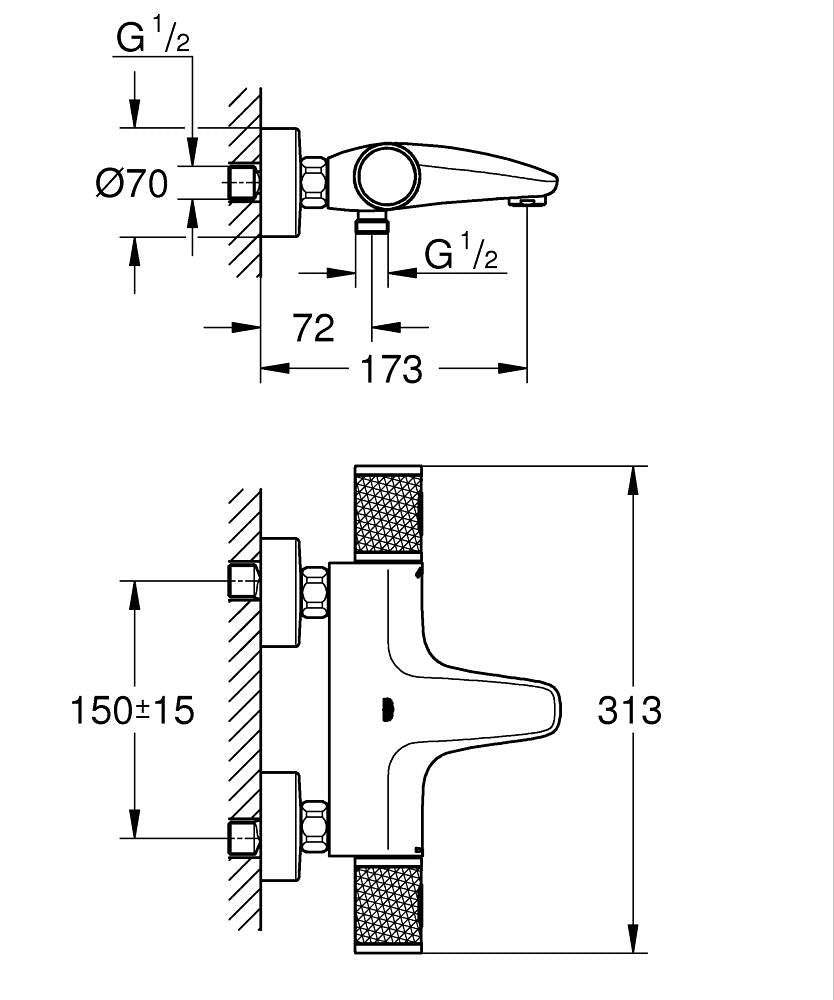 Grohe Grohtherm 1000 Performance Thermostat-Wannenbatterie 34830, Wandmontage (chrom)