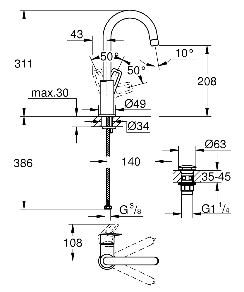 Grohe BauLoop Einhand-Waschtischbatterie 23891, L-Size, mit Push-open Ablaufgarnitur (chrom)
