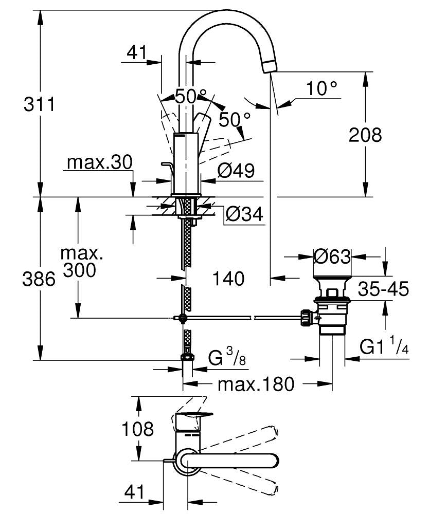 Grohe BauEdge Einhand-Waschtischbatterie 23760, L-Size, mit Zugstangen-Ablaufgarnitur (chrom)