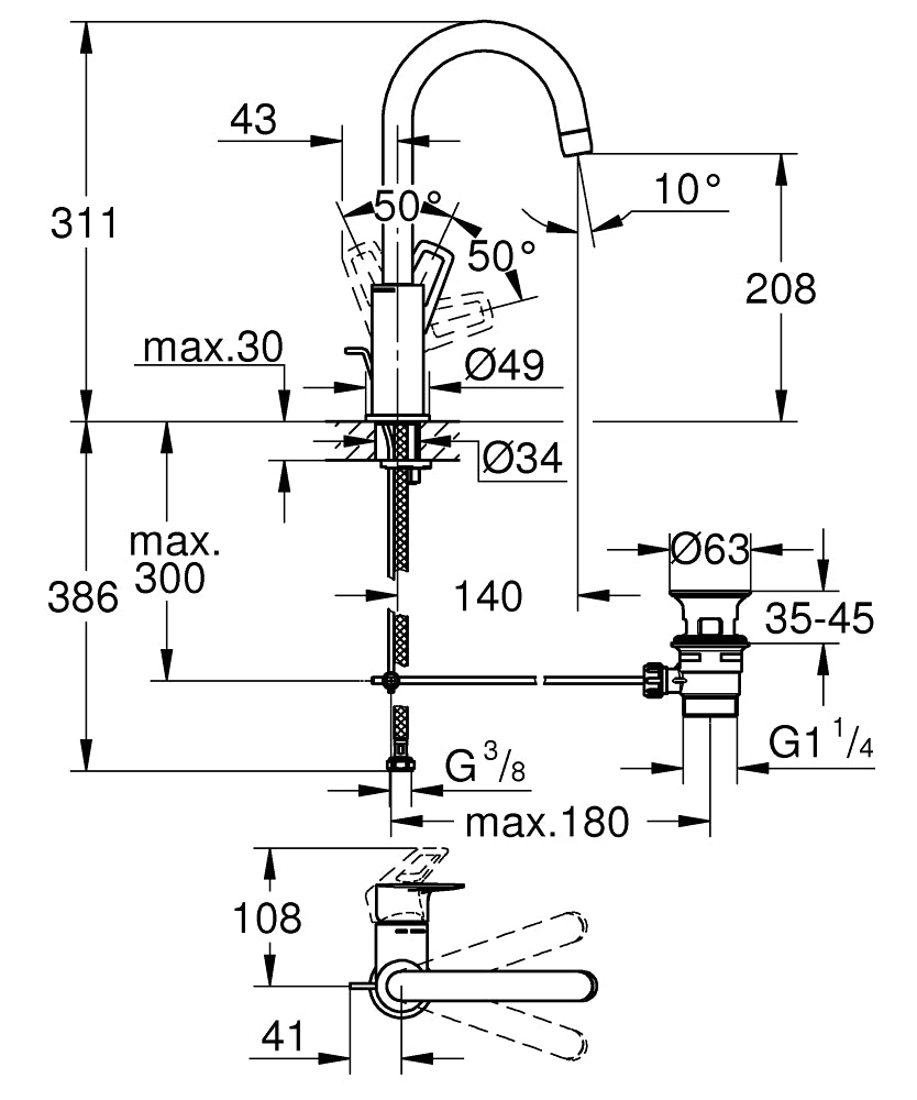 Grohe BauLoop Einhand-Waschtischbatterie 23763, L-Size, mit Zugstangen-Ablaufgarnitur (chrom)