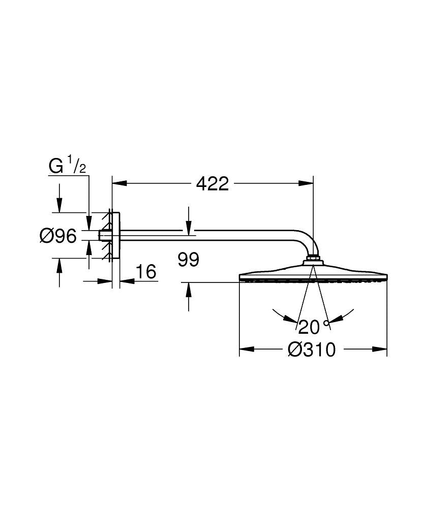 Grohe Rainshower Mono 310 Kopfbrause-Set 26558, Brausearm 422 mm, 1 Strahlart (cool sunrise)