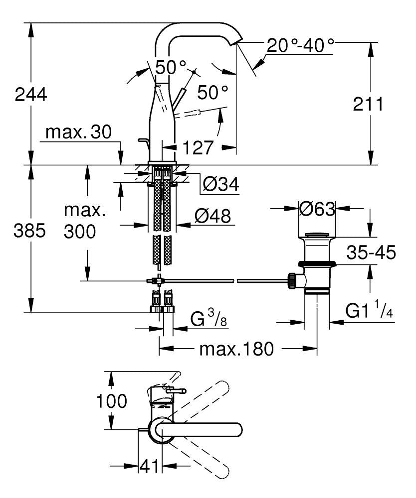 Grohe Essence Einhand-Waschtischbatterie 24174, L-Size, U-Auslauf, mit Zugstangen-Ablaufgarnitur (cool sunrise gebürstet)