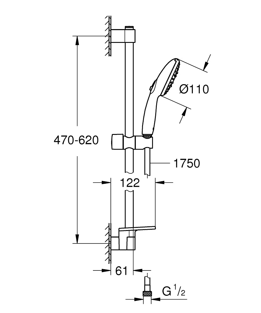 GROHE Tempesta 110 Brausestangenset 27600, 600 mm, 3 Strahlarten, 7,4 l/min, mit Ablage (chrom)
