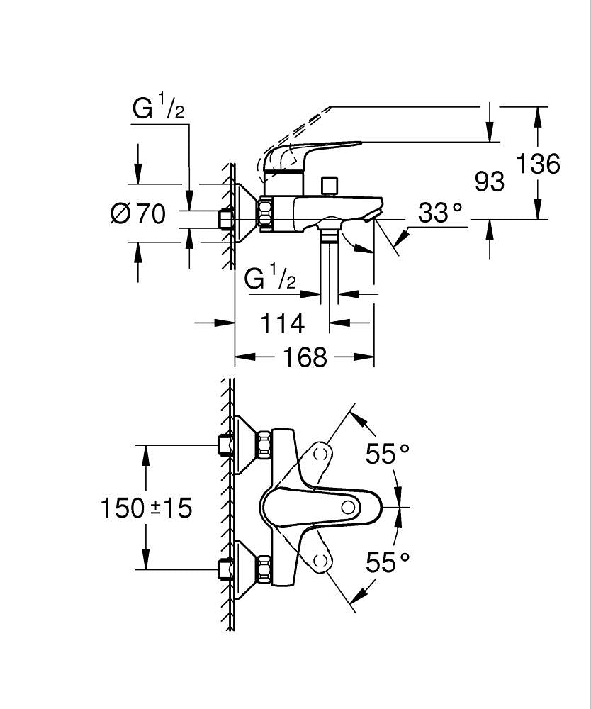 GROHE EuroPro Einhand-Wannenbatterie 32743, Wandmontage, eigensicher (chrom)