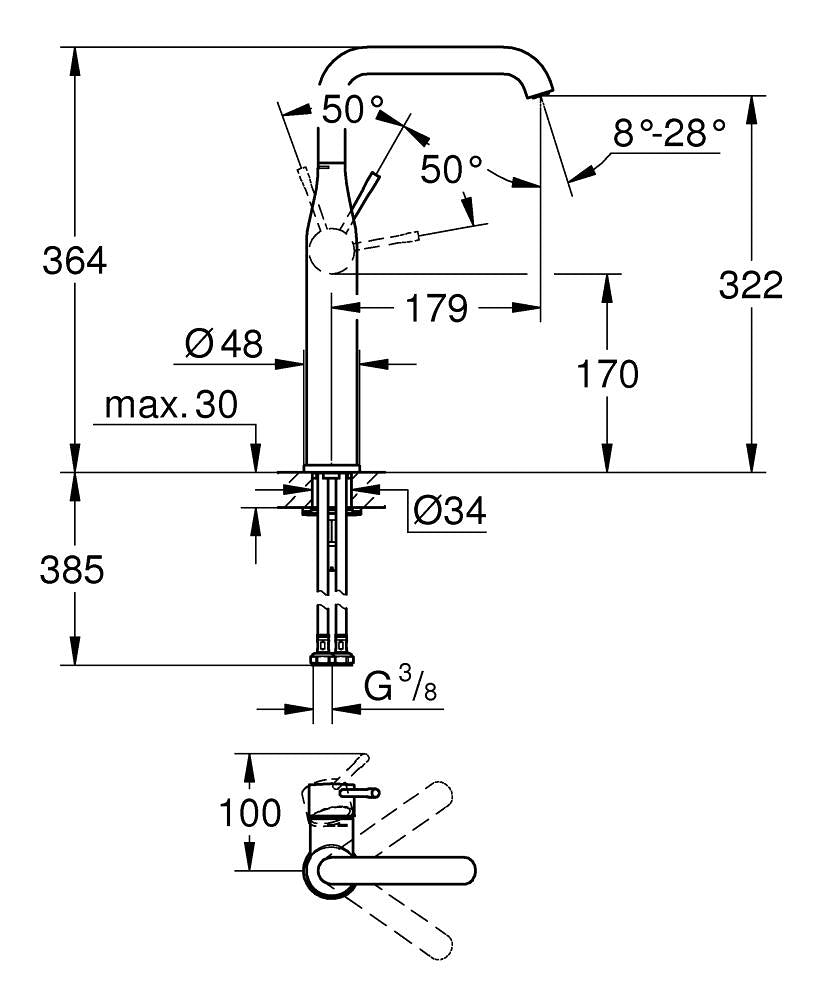 Grohe Essence Einhand-Waschtischbatterie 24170, XL-Size, für freistehende Waschschüsseln (phantom black)