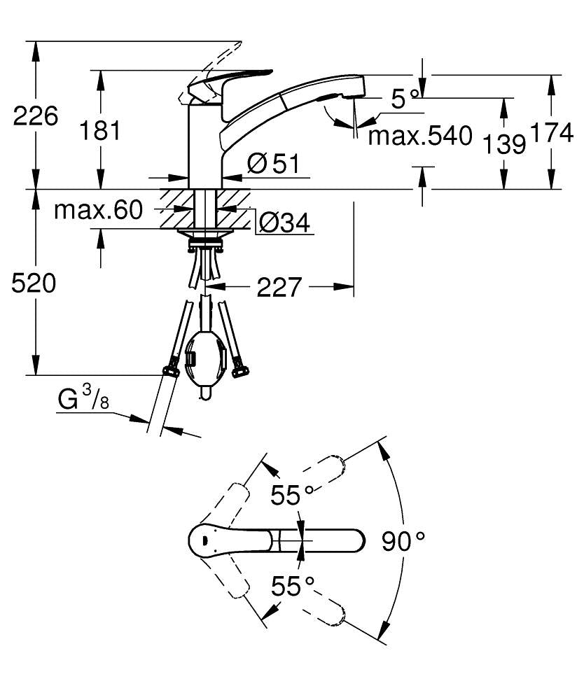 Grohe Eurosmart Einhand-Spültischbatterie 30305, flacher Auslauf, herausziehbare Dual-Spülbrause (supersteel)