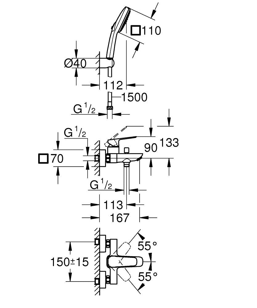 Grohe Cubeo Einhand-Wannenbatterie 101814, Wandmontage, mit Brausegarnitur (chrom)