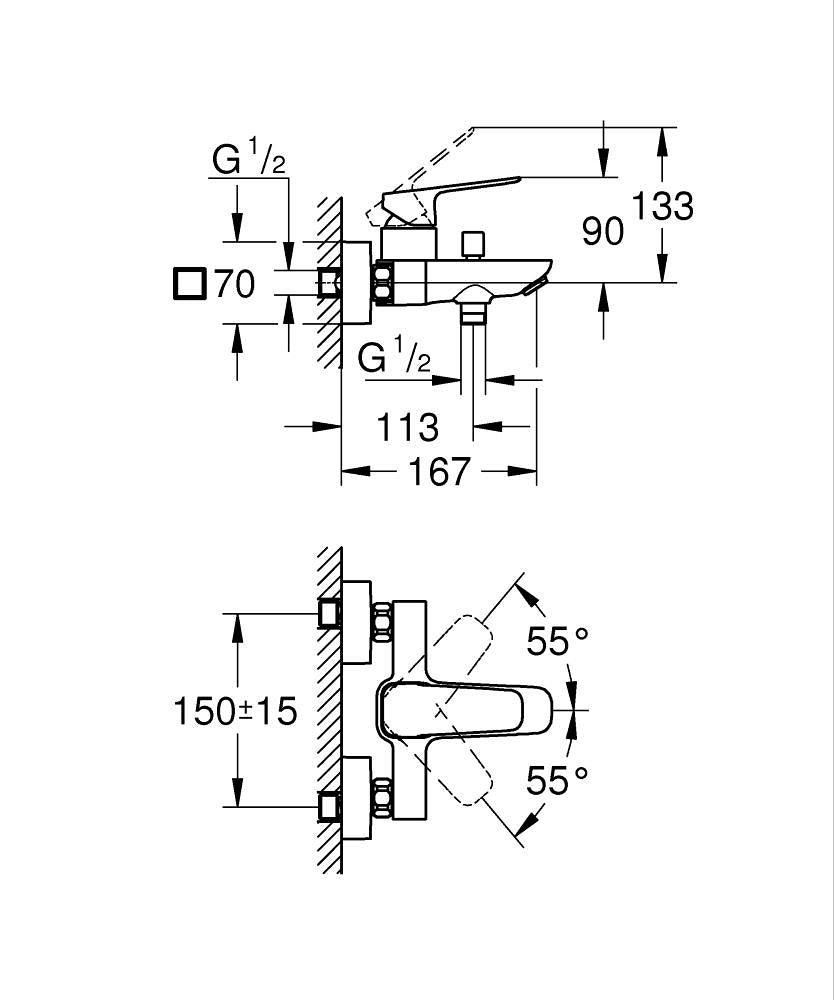 Grohe Cubeo Einhand-Wannenbatterie 101813, Wandmontage (matt black)