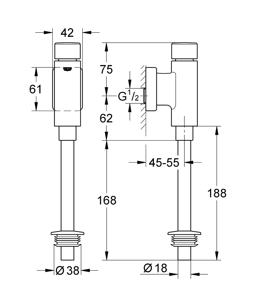 Grohe Rondo Urinal-Druckspüler 37339 mit integrierter Vorabsperrung (chrom)