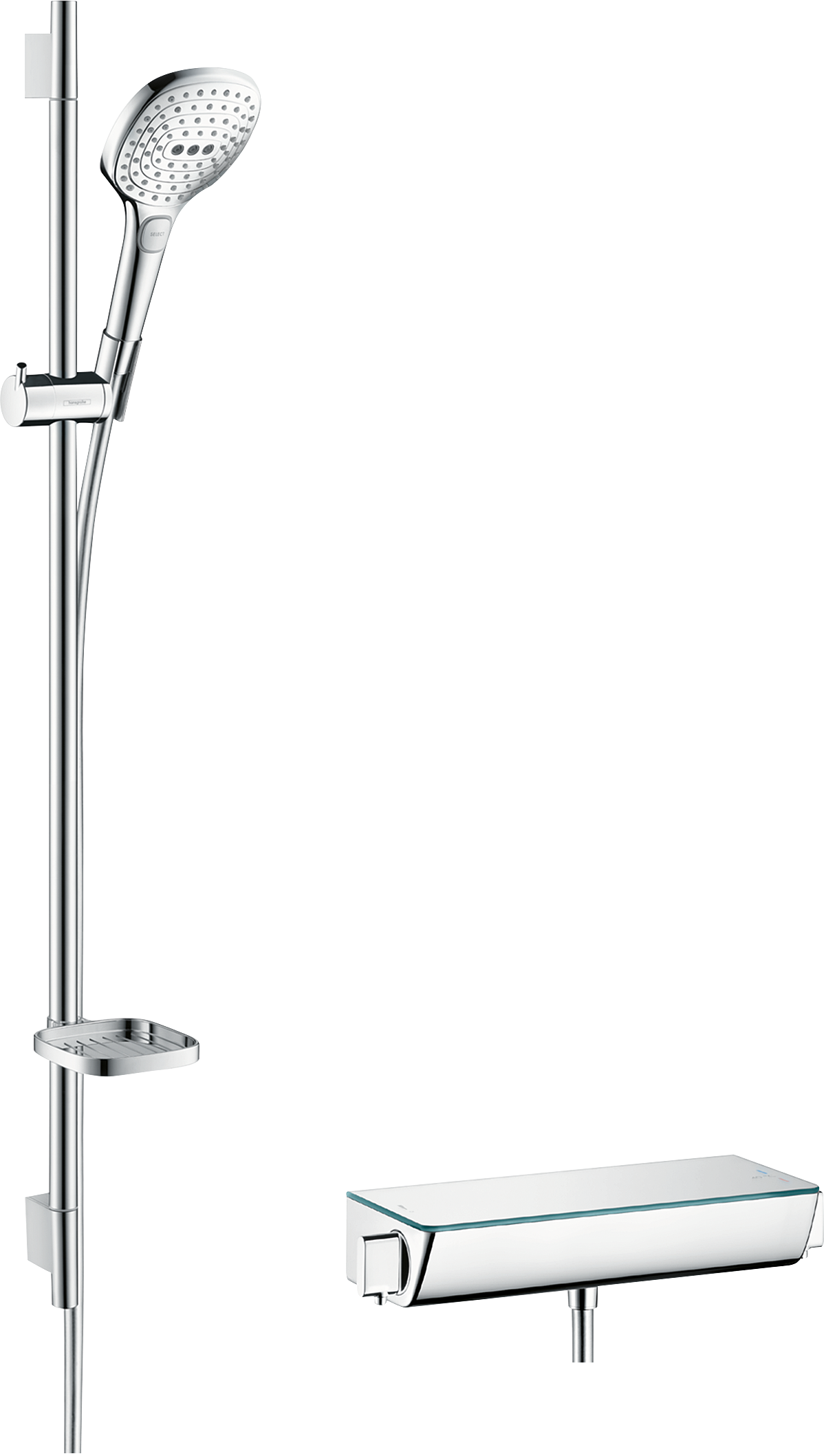 Hansgrohe Raindance Select E Brausekombination 120 3jet mit Brausethermostat Ecostat Select und Brausestange 90 cm (weiß/chrom)