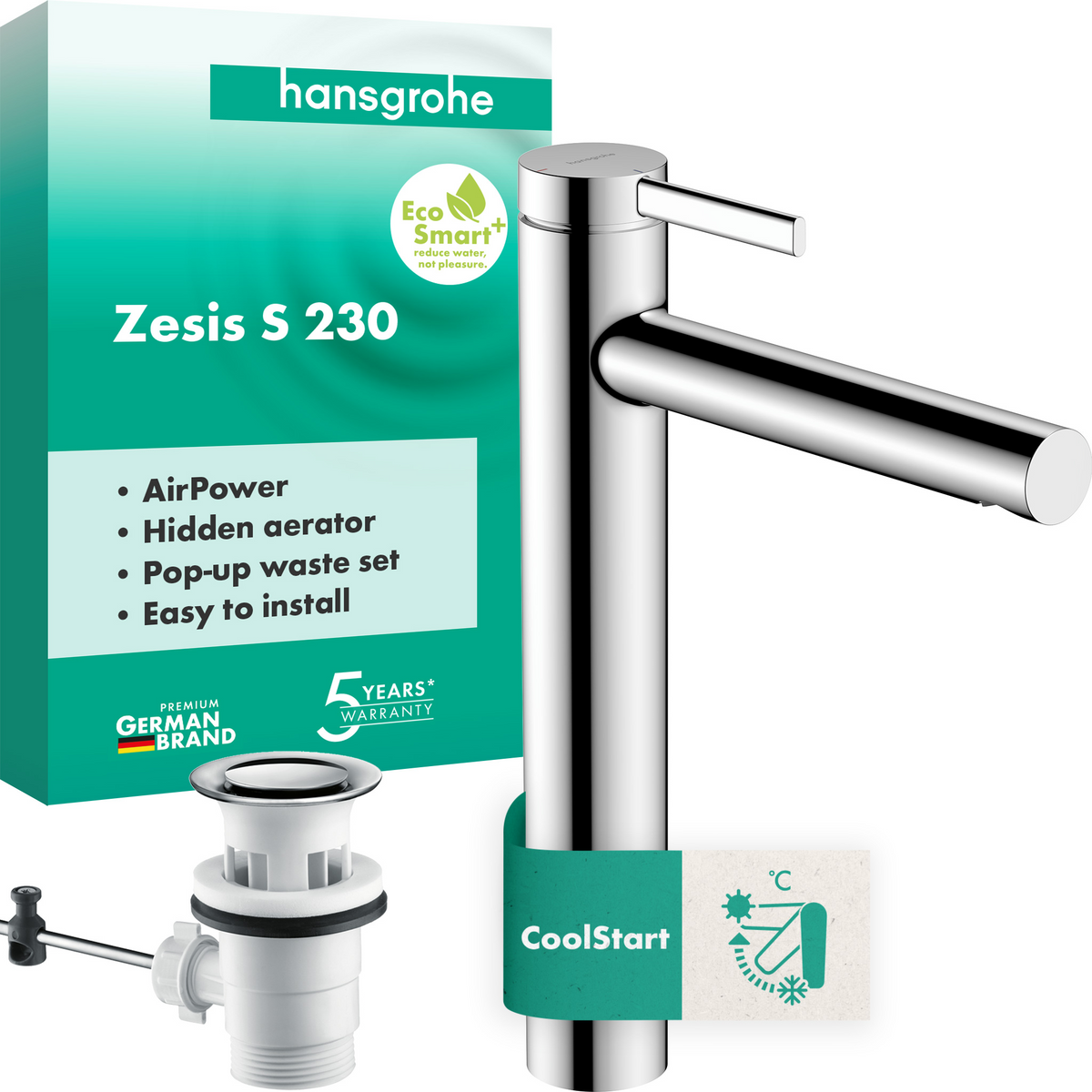 Hansgrohe Zesis S Waschtischmischer 230 CoolStart für Waschschüsseln mit Zugstangen-Ablaufgarnitur (chrom)