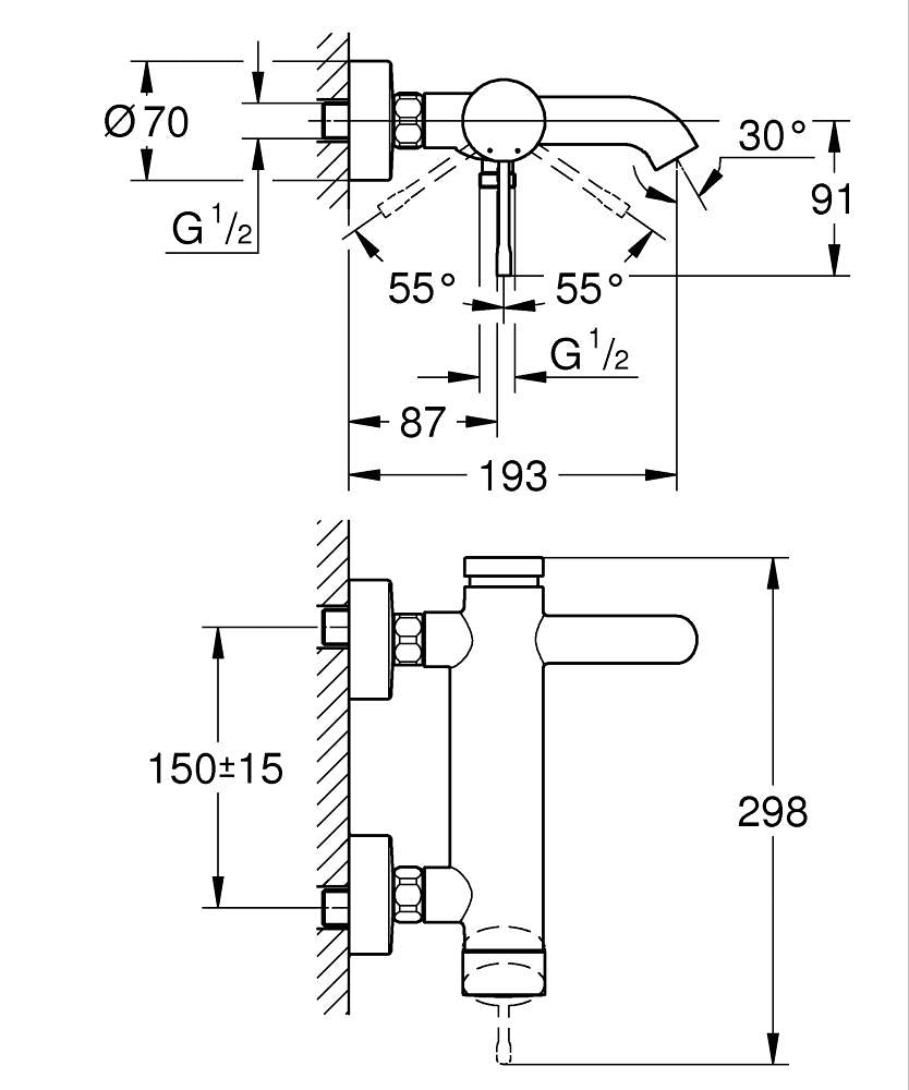 Grohe Essence Einhand-Wannenbatterie 25250, Wandmontage (chrom)