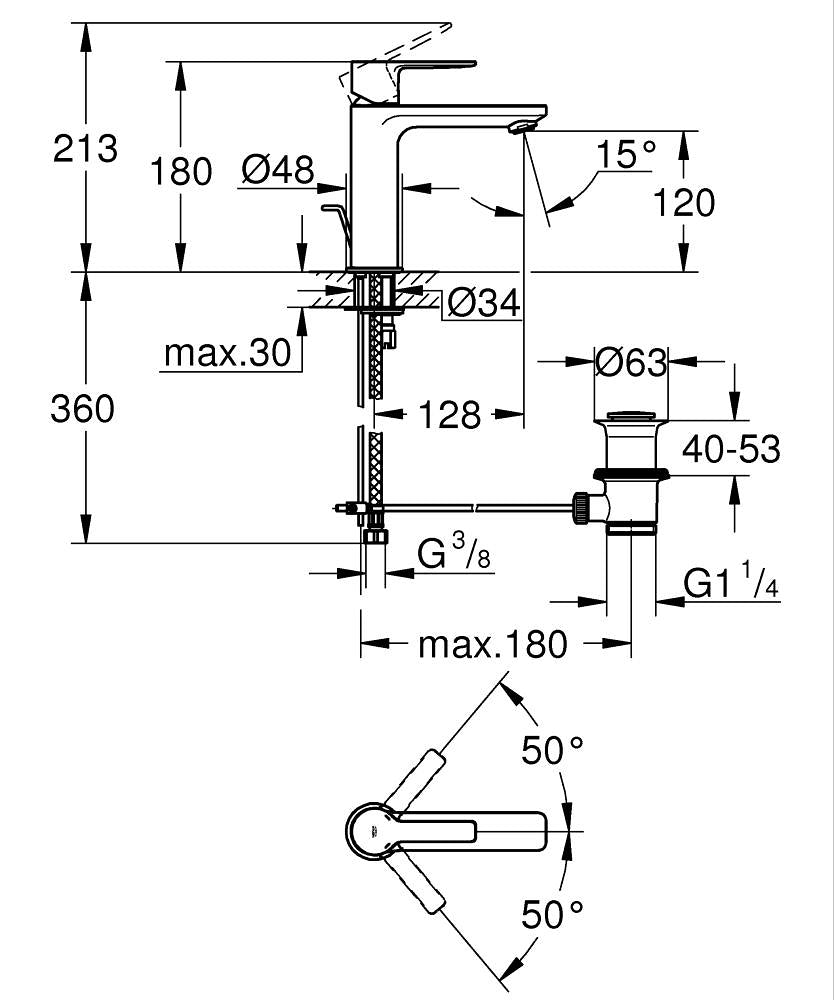 Grohe Lineare Einhand-Waschtischbatterie 32114, S-Size, mit Zugstangen-Ablaufgarnitur (matt black)