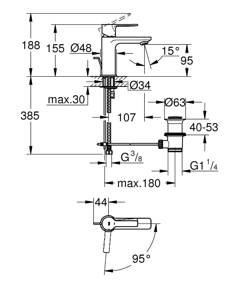 Grohe Lineare Einhand-Waschtischbatterie 23790, XS-Size, Mittelstellung kalt, mit Zugstangen-Ablaufgarnitur (chrom)