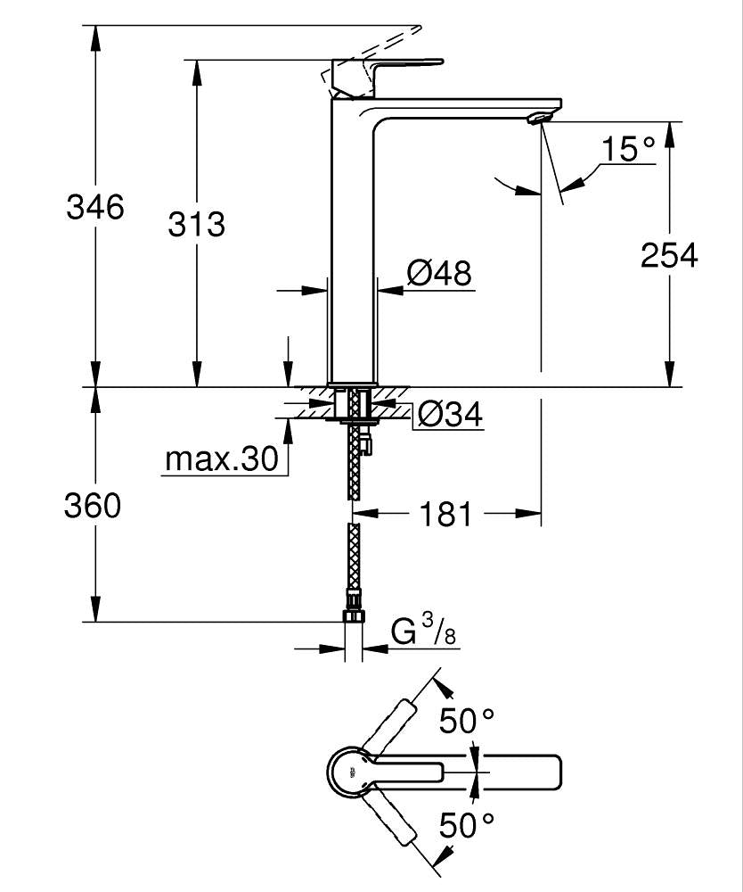 Grohe Lineare Einhand-Waschtischbatterie 23405, XL-Size, für freistehende Waschschüsseln (matt black)