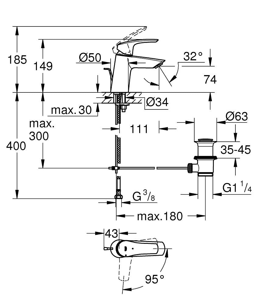 Grohe Eurosmart Einhand-Waschtischbatterie 23969, S-Size, geneigte Version, Mittelstellung kalt, mit Zugstangen-Ablaufgarnitur (matt black)