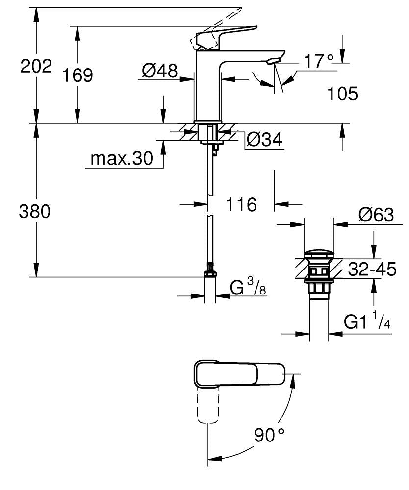 Grohe Cubeo Einhand-Waschtischbatterie 101757, M-Size, Mittelstellung kalt, mit Push-open Ablaufgarnitur (matt black)