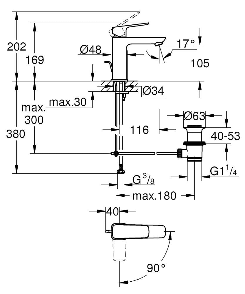Grohe Cubeo Einhand-Waschtischbatterie 101756, M-Size, Mittelstellung kalt, mit Zugstangen-Ablaufgarnitur (chrom)