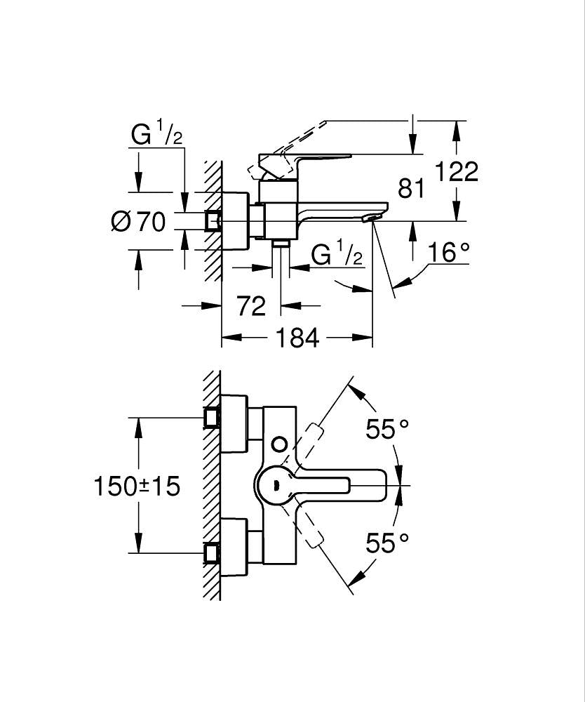 Grohe Lineare Einhand-Wannenbatterie 33849, Wandmontage (hard graphite gebürstet)