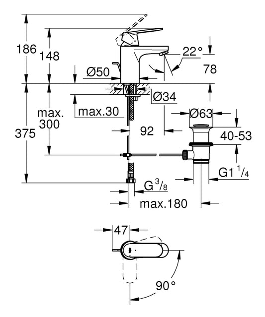 Grohe Eurosmart Cosmopolitan Einhand-Waschtischbatterie 23377, S-Size, Mittelstellung kalt, mit Zugstangen-Ablaufgarnitur (chrom)