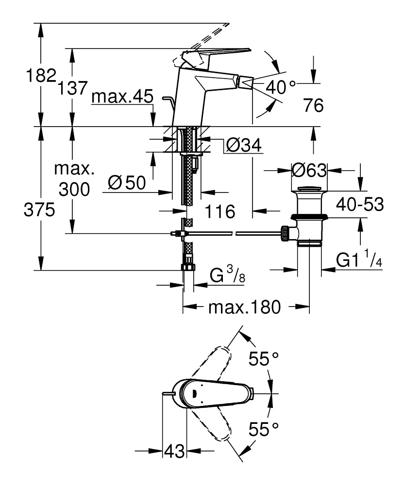 Grohe Eurodisc Cosmopolitan Einhand-Bidetbatterie 33244 mit Zugstangen-Ablaufgarnitur (chrom)