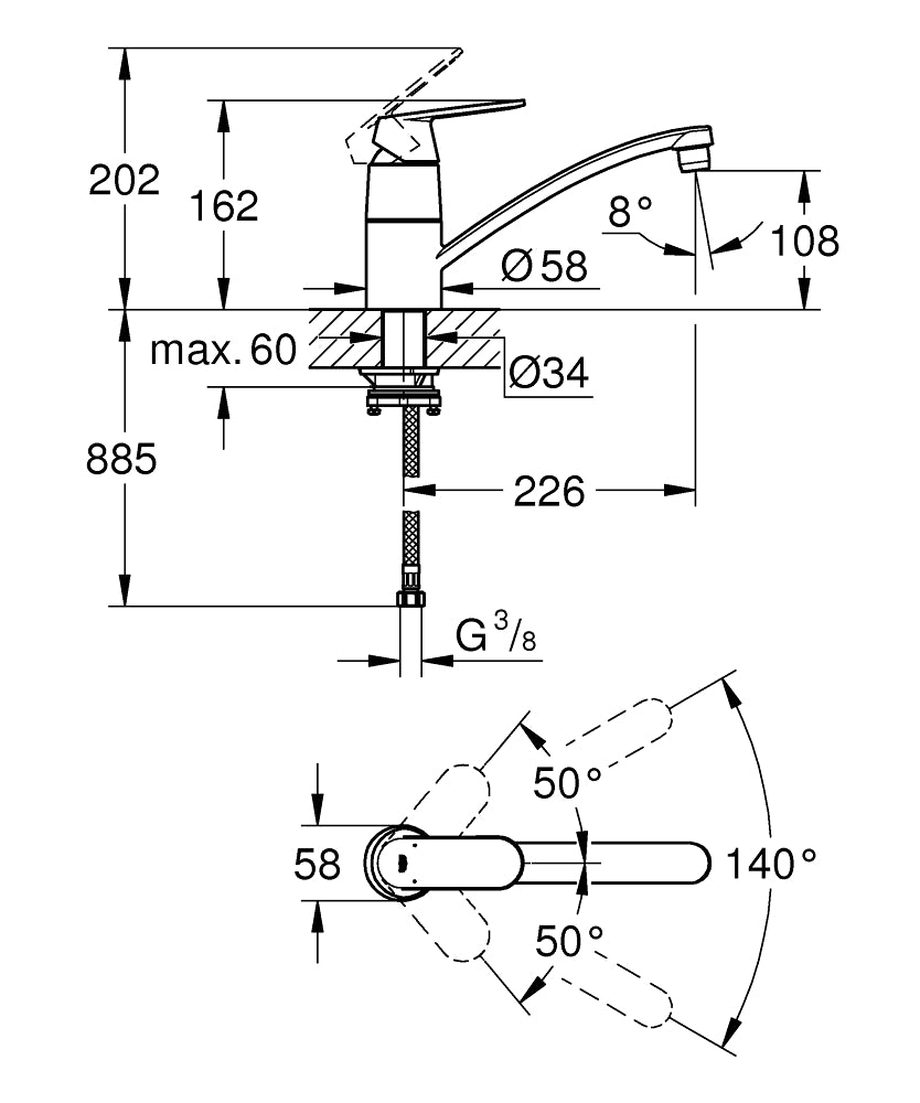 Grohe Eurosmart Cosmopolitan Einhand-Spültischbatterie 31170, Vor-Fenster-Montage, flacher Auslauf (chrom)