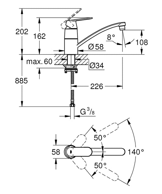 Grohe Eurosmart Cosmopolitan Einhand-Spültischbatterie 31170, Vor-Fenster-Montage, flacher Auslauf (chrom)