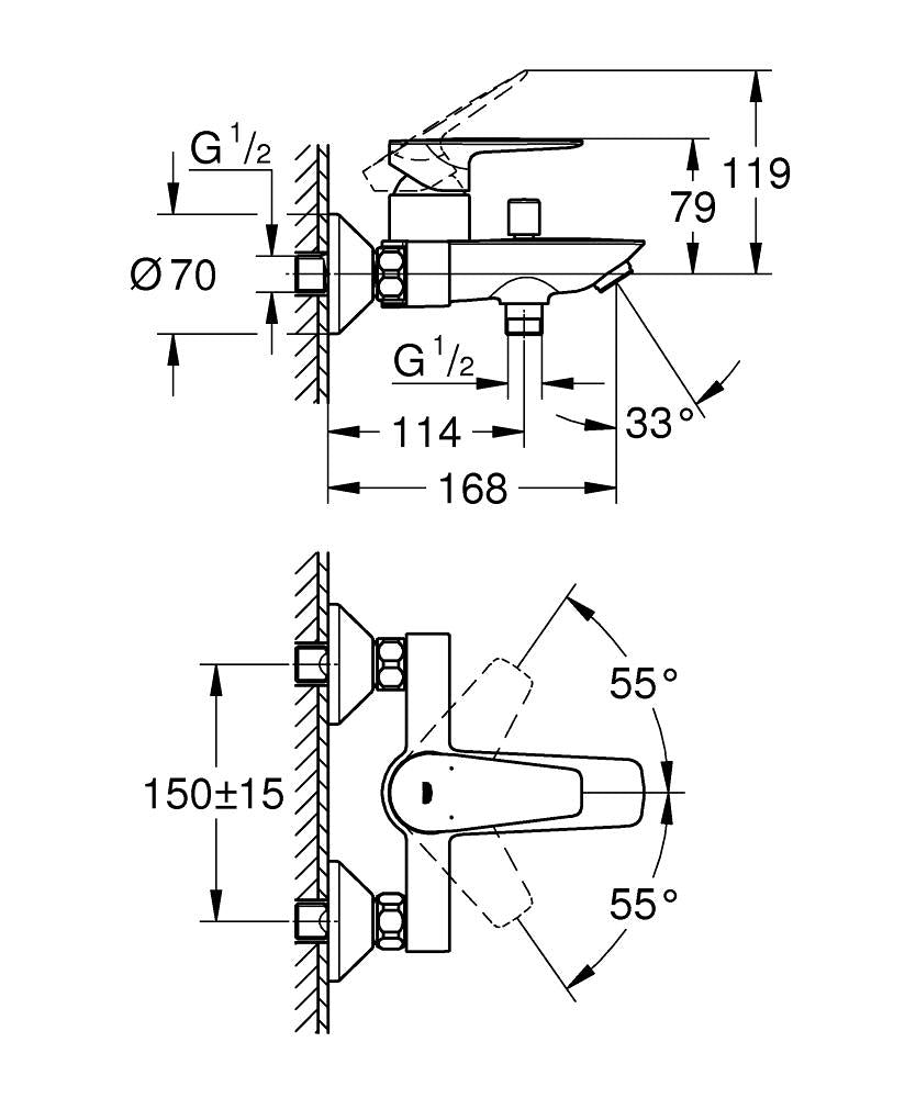 Grohe BauEdge Einhand-Wannenbatterie 23604, Wandmontage (chrom)