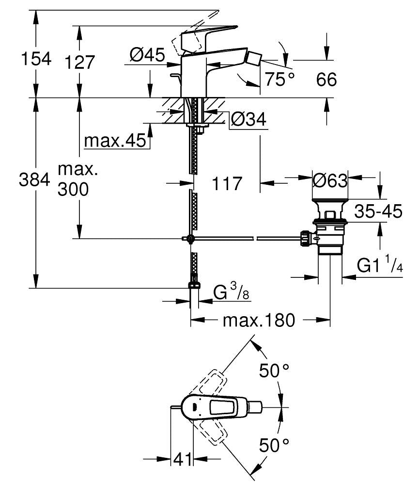 GROHE BauLoop Einhand-Bidetbatterie 23338 mit Zugstangen-Ablaufgarnitur (chrom)