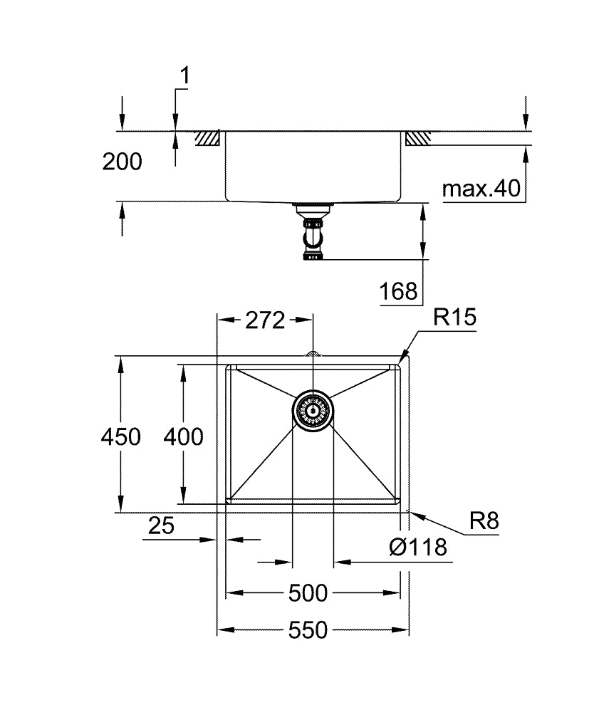 Grohe K700U Unterbau-Edelstahlspüle 31574, 1 Becken, 550 x 450 mm (cool sunrise gebürstet)