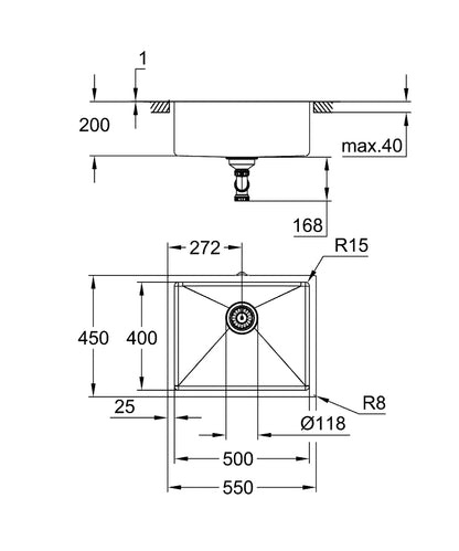 Grohe K700U Unterbau-Edelstahlspüle 31574, 1 Becken, 550 x 450 mm (cool sunrise gebürstet)