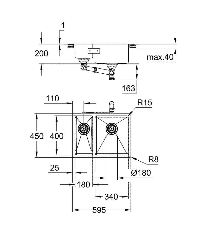 Grohe K700U Edelstahlspüle 31576 mit 1,5 Becken, 595 x 450 mm, rechts einbaubar