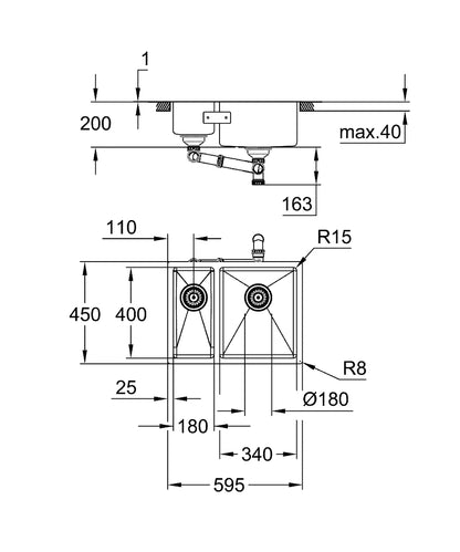 Grohe K700U Edelstahlspüle 31576 mit 1,5 Becken, 595 x 450 mm, rechts einbaubar