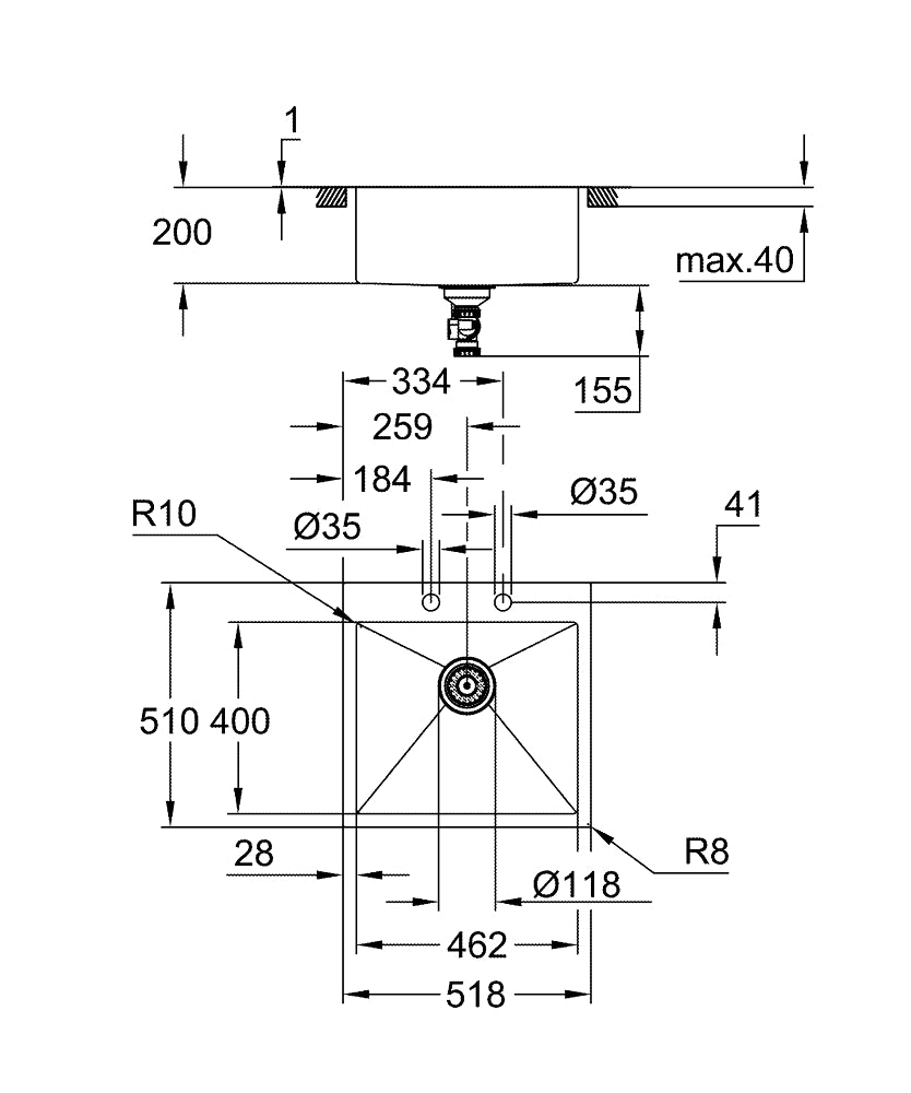 Grohe K800 Edelstahlspüle 31583, 1 Becken, 518 x 510 mm (Edelstahl)
