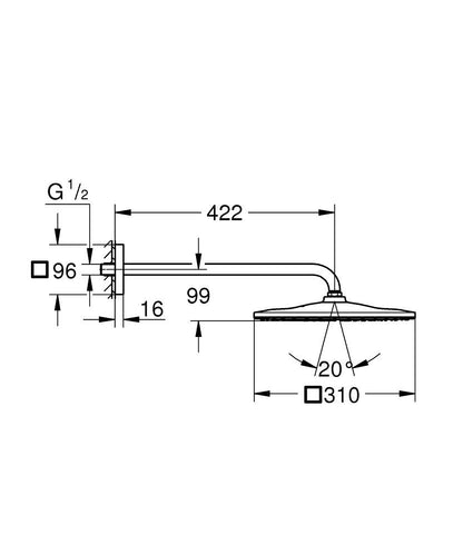 Grohe Rainshower Mono 310 Cube Kopfbrause-Set 26564, Brausearm 422 mm, 1 Strahlart (matt black)