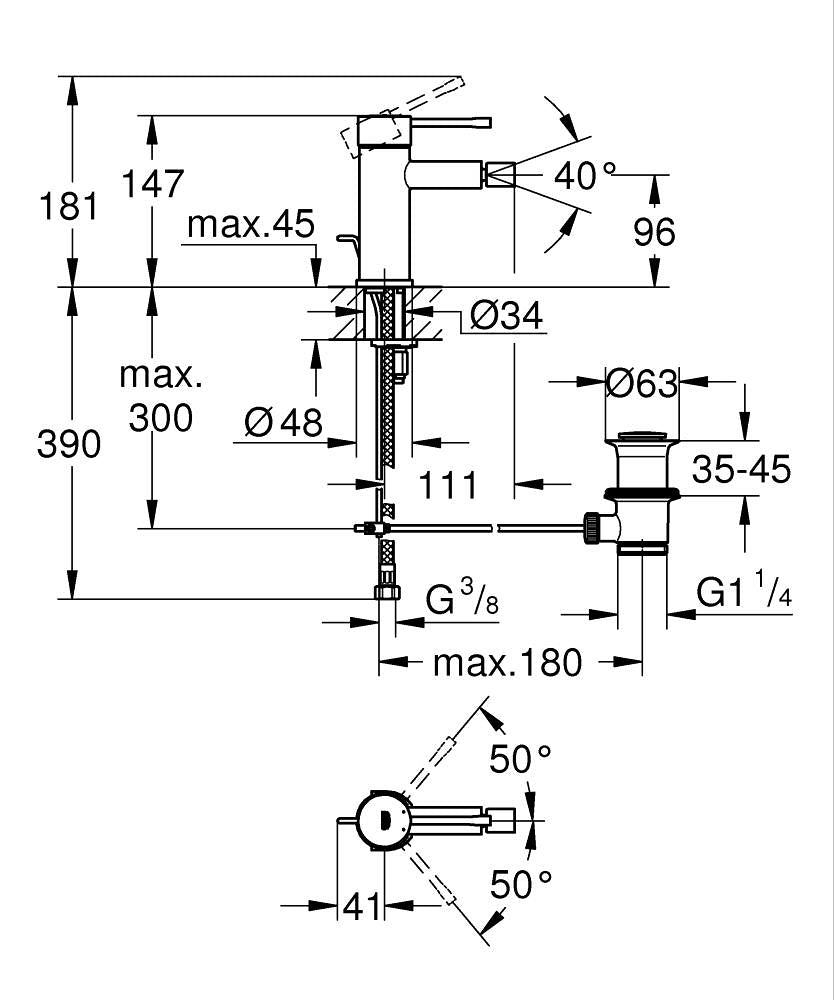 Grohe Essence Einhand-Bidetbatterie 24178 mit Zugstangen-Ablaufgarnitur (chrom)