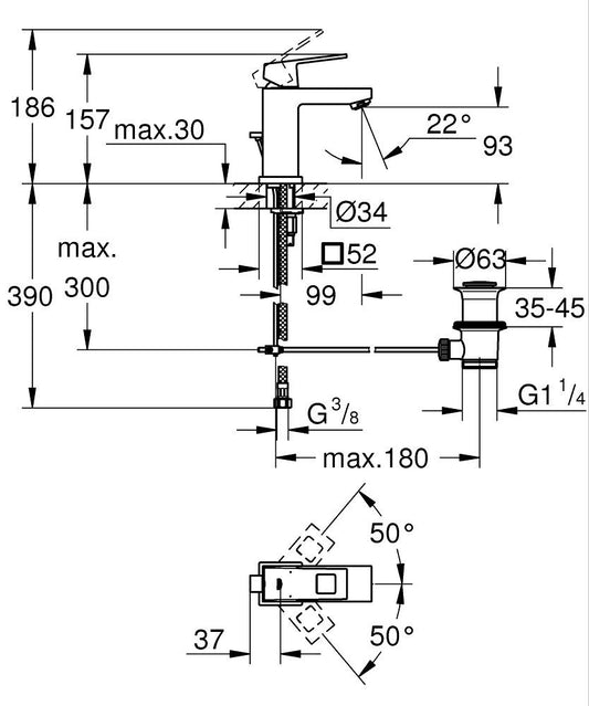Grohe Eurocube Einhand-Waschtischbatterie 23127, S-Size, mit Zugstangen-Ablaufgarnitur (chrom)