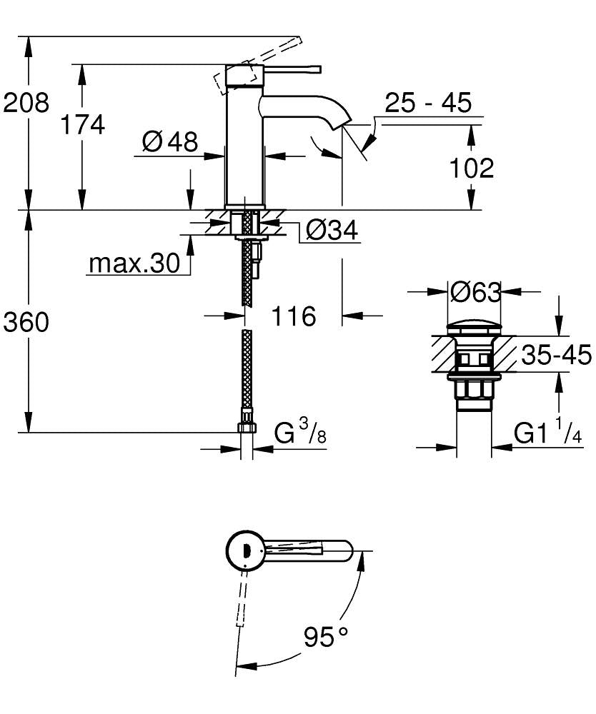 Grohe Essence Einhand-Waschtischbatterie 24179, S-Size, Mittelstellung kalt, mit Push-open Ablaufgarnitur (chrom)