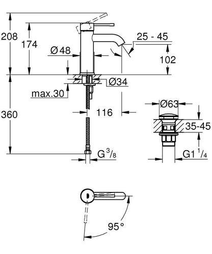 Grohe Essence Einhand-Waschtischbatterie 24179, S-Size, Mittelstellung kalt, mit Push-open Ablaufgarnitur (chrom)