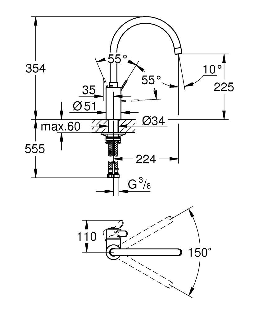 Grohe Eurosmart Cosmopolitan Einhand-Spültischbatterie 32843, hoher Auslauf, EcoJoy 5 l/min (chrom)