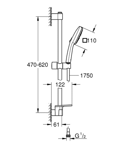 GROHE Tempesta Cube 110 Brausestangenset 27929, 600 mm, 3 Strahlarten, 13,5 l/min, mit Ablage (chrom)