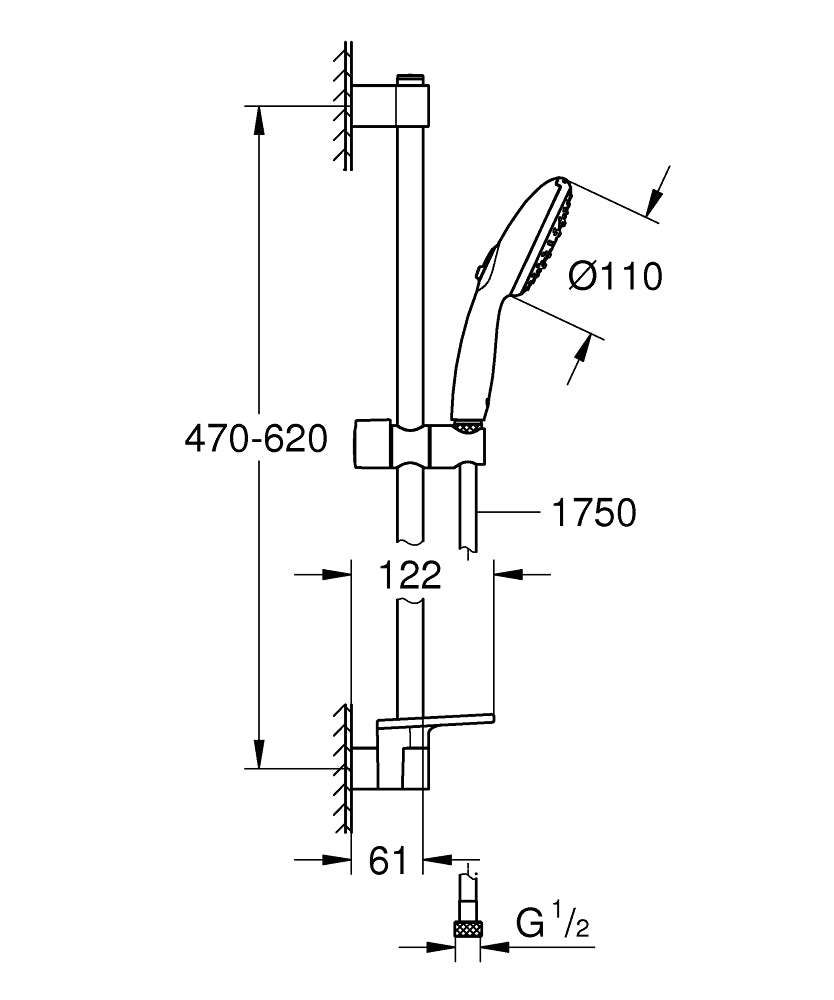 GROHE Tempesta 110 Brausestangenset 26918, 600 mm, 3 Strahlarten, 7,4 l/min, Metallschlauch, mit Ablage (chrom)