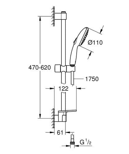 GROHE Tempesta 110 Brausestangenset 26918, 600 mm, 3 Strahlarten, 7,4 l/min, Metallschlauch, mit Ablage (chrom)