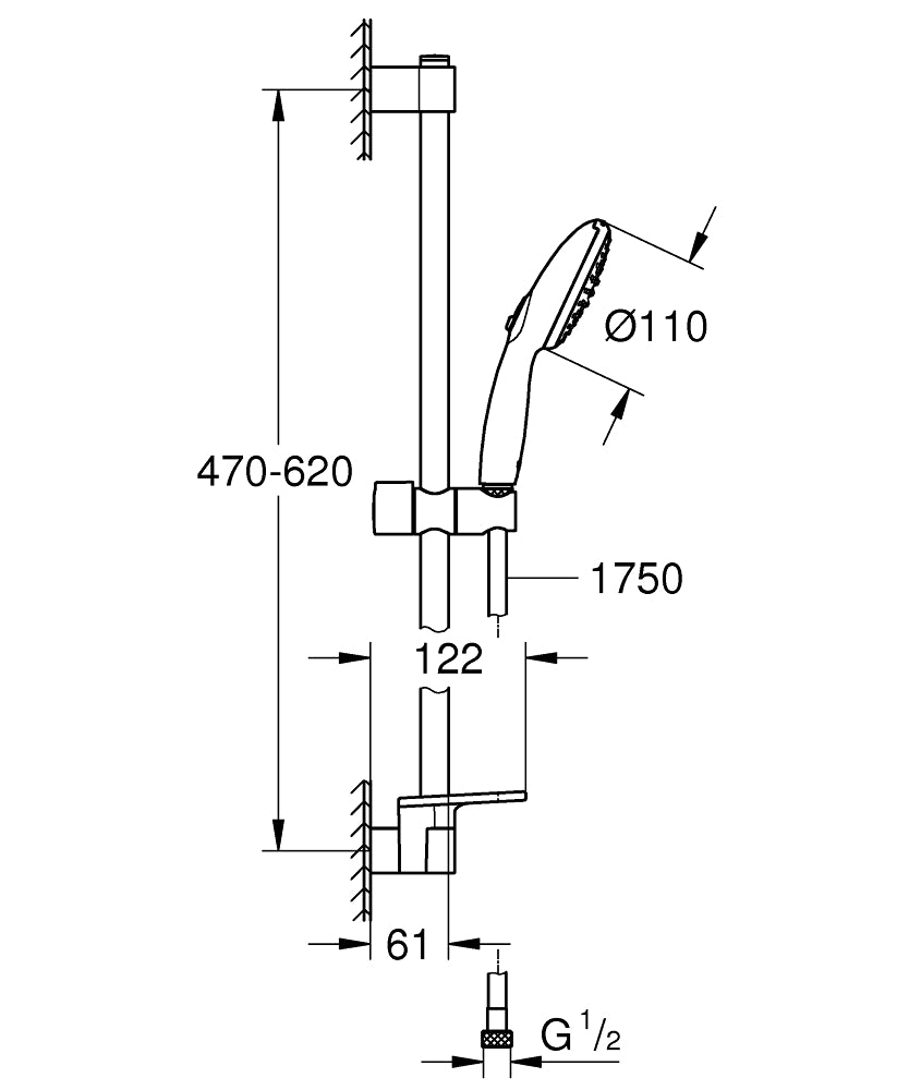GROHE Tempesta 110 Brausestangenset 26638, 600 mm, 2 Strahlarten, 7,4 l/min, mit Ablage (chrom)