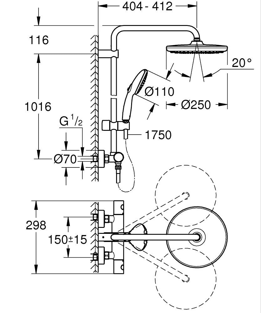 Grohe Tempesta System 250 Duschsystem 26670 mit Thermostatbatterie für die Wandmontage (matt black)