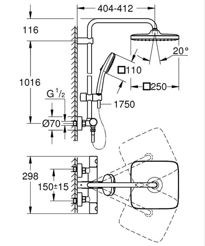 Grohe Tempesta System 250 Cube Duschsystem 26689 mit Thermostatbatterie für die Wandmontage (chrom)